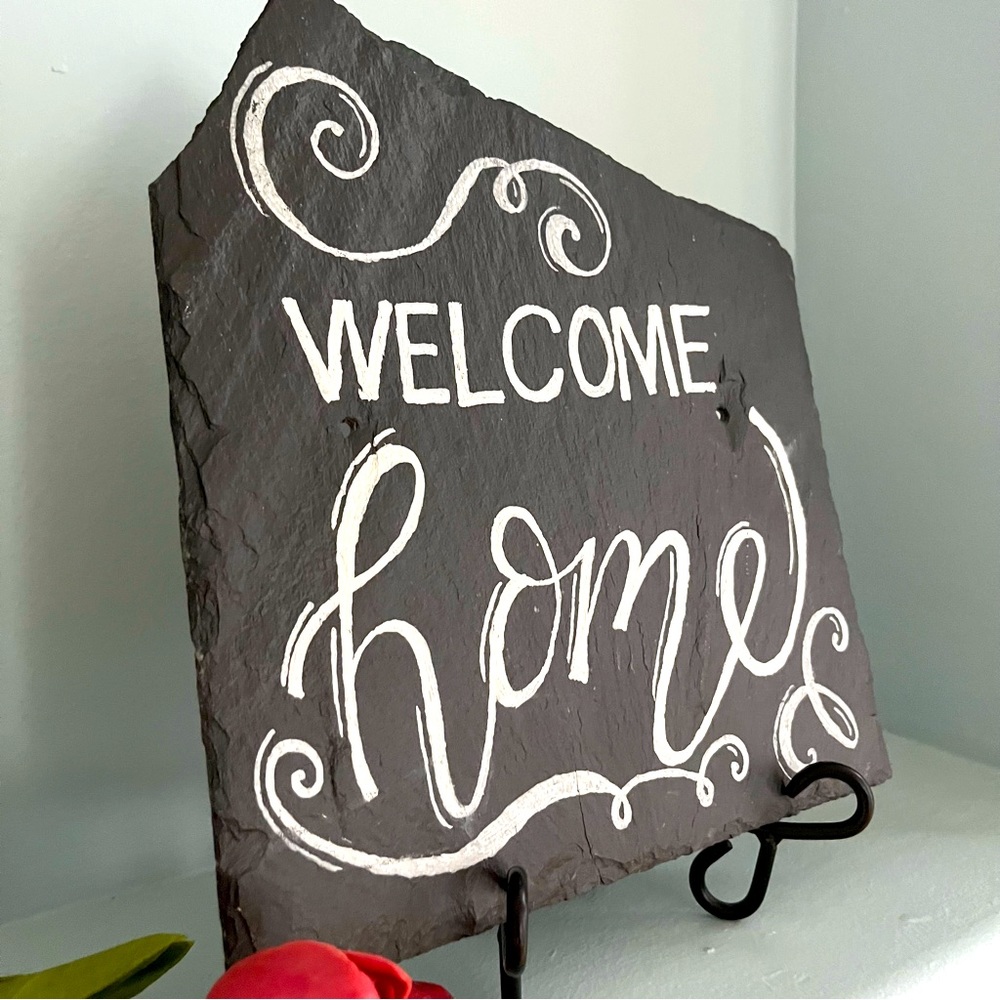 Artisan Crafted Rustic Slate Hand Lettered Welcome Home Wall or Table Decor